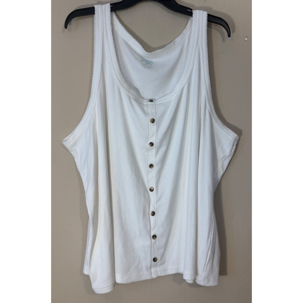 Terra & Sky Tank Top Women 4X WinterWhite Henley Ribbed Lace Trim Scoop Neck NEW